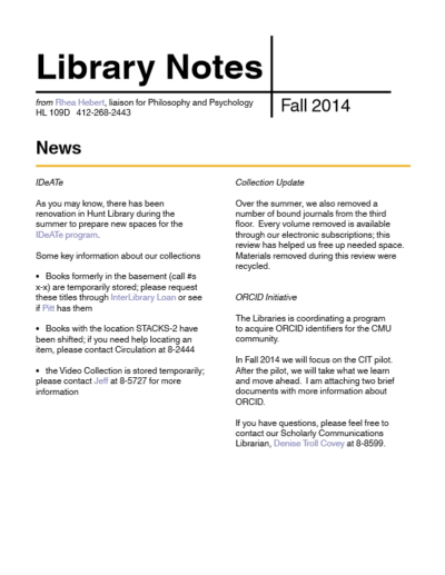 first page of the library notes newsletter